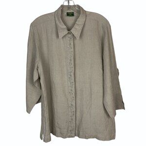 Cabelas Womens Beige Linen Shirt With Floral Embroidered Front Placket Size XL